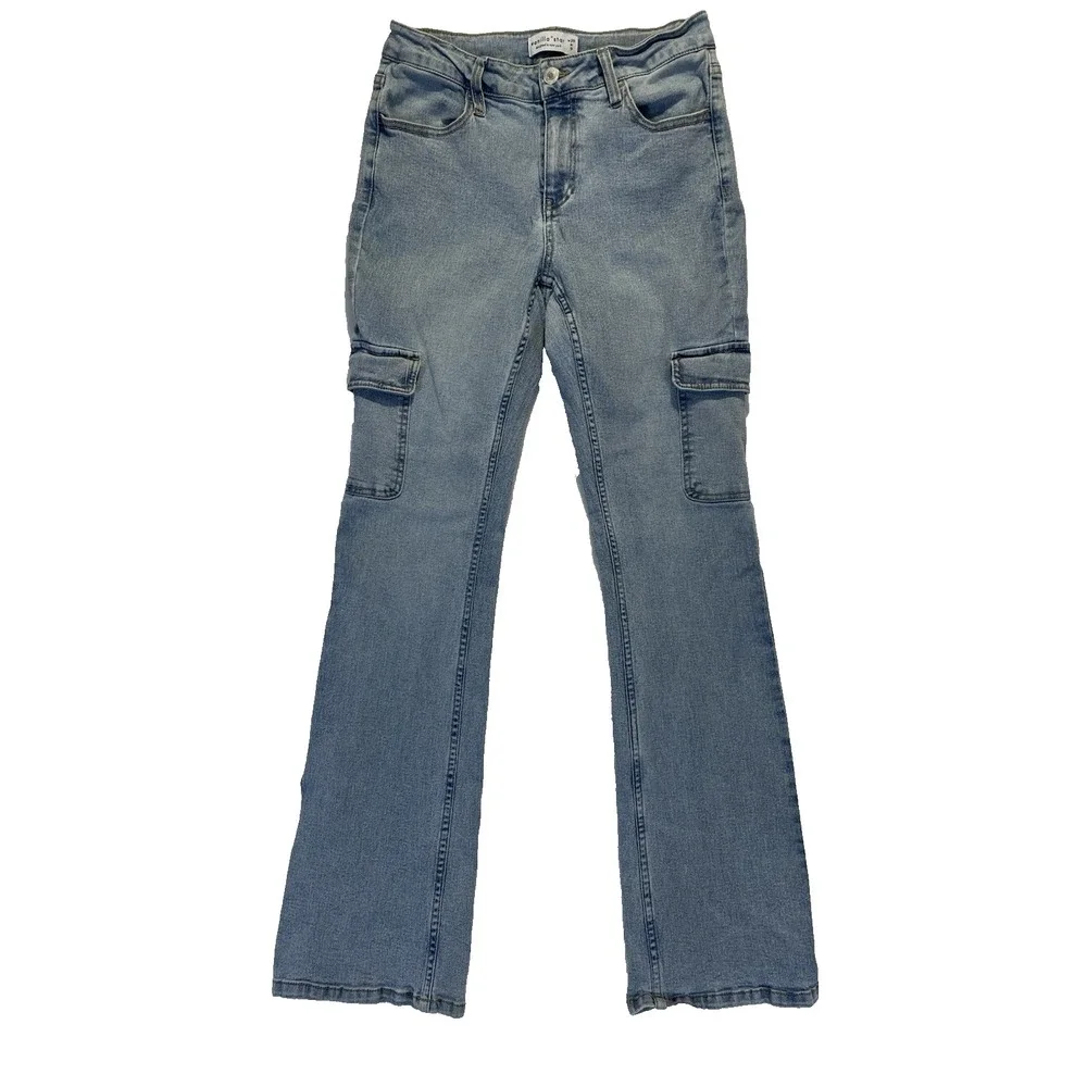 Vanilla Star Girl's Cargo Jeans Size 9 Light Blue Boot Cut Mid Rise School Wear
